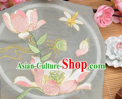 Chinese Traditional Embroidered Lotus Light Grey Chiffon Applique Accessories Embroidery Patch