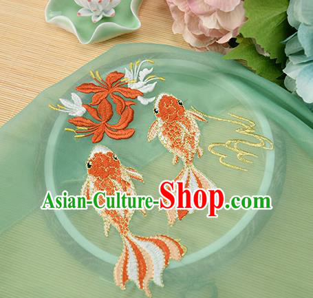 Chinese Traditional Embroidered Goldfish Green Chiffon Applique Accessories Embroidery Patch