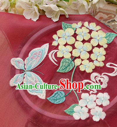 Chinese Traditional Embroidered Hydrangea Butterfly Wine Red Chiffon Applique Accessories Embroidery Patch