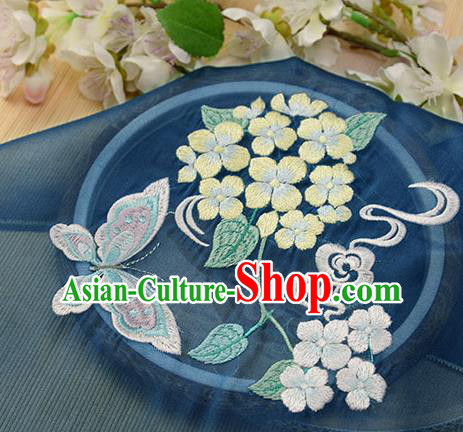 Chinese Traditional Embroidered Hydrangea Butterfly Navy Chiffon Applique Accessories Embroidery Patch