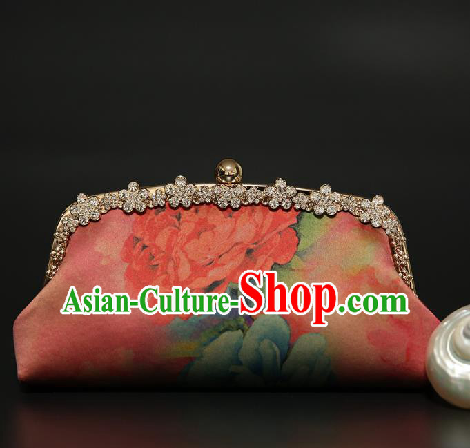 Chinese Traditional Peony Pattern Red Brocade Bag Handmade Cheongsam Silk Handbag for Women