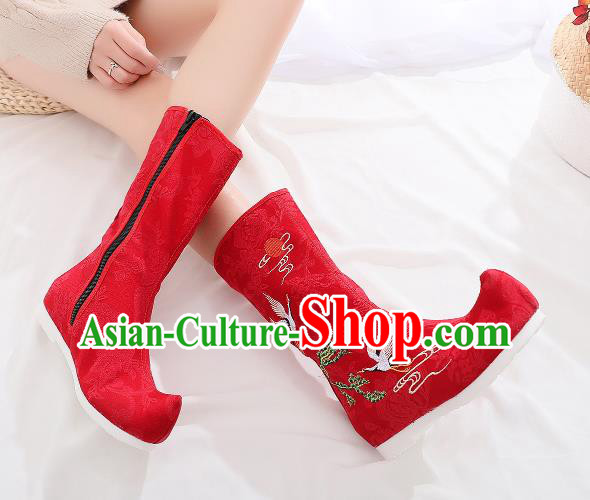 Traditional Chinese Kung Fu Red Boots Opera Shoes Hanfu Shoes Embroidered Crane Boots for Women