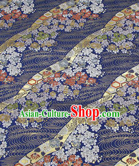 Chinese Classical Sakura Pattern Design Deep Blue Brocade Fabric Asian Traditional Hanfu Satin Material