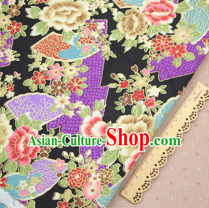 Asian Japanese Traditional Peony Pattern Design Black Brocade Fabric Tapestry Satin