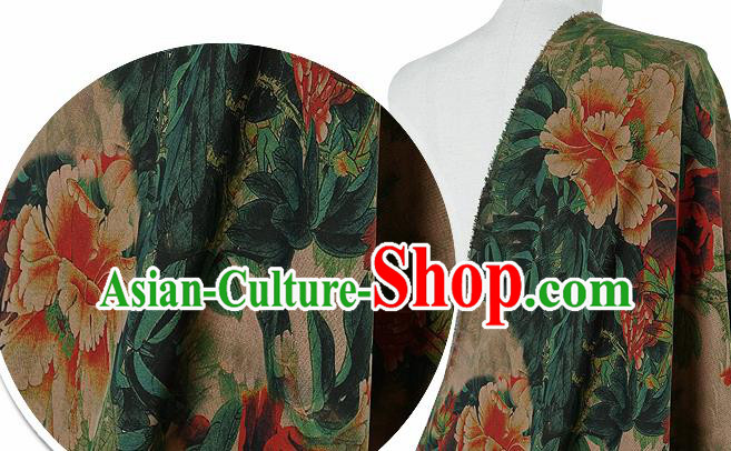 Chinese Classical Peony Pattern Design Atrovirens Silk Fabric Asian Traditional Hanfu Mulberry Silk Material