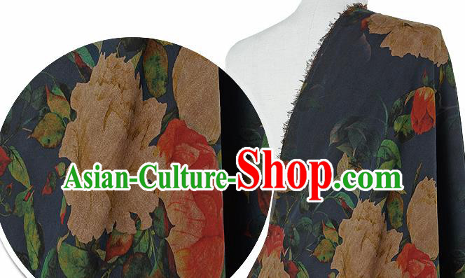 Chinese Classical Hibiscus Pattern Design Navy Silk Fabric Asian Traditional Hanfu Mulberry Silk Material