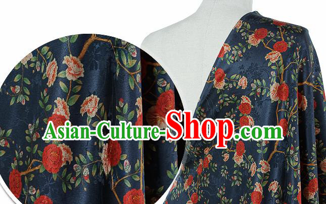 Chinese Classical Roses Pattern Design Navy Silk Fabric Asian Traditional Hanfu Mulberry Silk Material