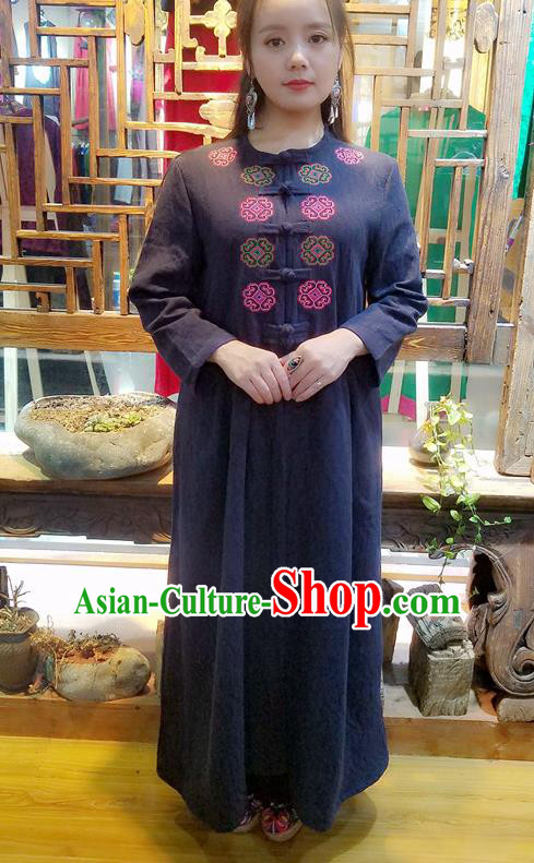 Traditional Chinese Embroidered Black Flax Dust Coat Handmade National Overcoat Costume for Women