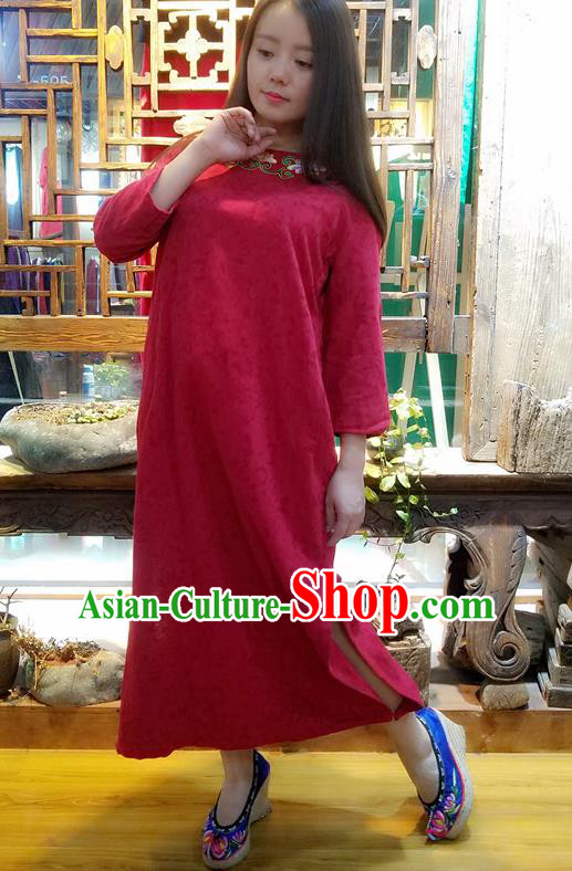 Traditional Chinese Red Flax Dress National Embroidered Cheongsam Costume for Women