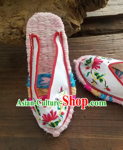 Traditional Chinese Embroidered Lotus White Slippers Handmade Ethnic National Shoes Hanfu Shoes for Women