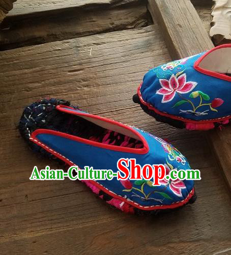 Traditional Chinese Embroidered Lotus Blue Slippers Handmade Ethnic National Shoes Hanfu Shoes for Women
