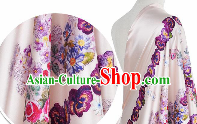 Chinese Classical Flowers Pattern Design Champagne Silk Fabric Asian Traditional Hanfu Mulberry Silk Material