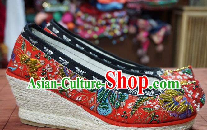 Traditional Chinese Ethnic Embroidered Beads Red Shoes Handmade Yunnan National Shoes Wedding Shoes for Women