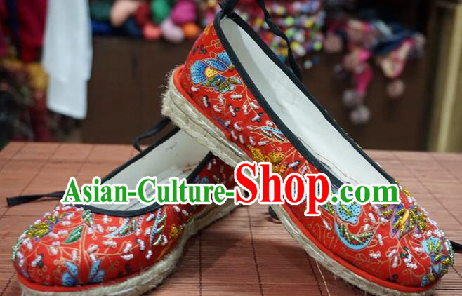 Traditional Chinese Ethnic Red Embroidered Beads Shoes Handmade Yunnan National Shoes Wedding Shoes for Women