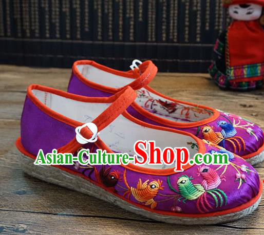 Traditional Chinese Ethnic Embroidered Magpie Purple Shoes Handmade Yunnan National Shoes Wedding Shoes for Women