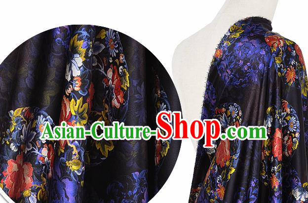 Chinese Classical Peony Chrysanthemum Pattern Design Black Silk Fabric Asian Traditional Hanfu Mulberry Silk Material