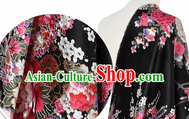 Chinese Classical Orchid Peony Pattern Design Black Silk Fabric Asian Traditional Hanfu Mulberry Silk Material
