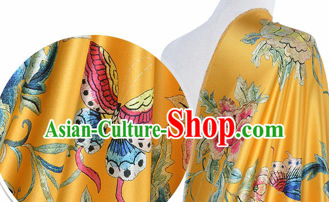Chinese Classical Peony Pattern Design Yellow Silk Fabric Asian Traditional Hanfu Mulberry Silk Material