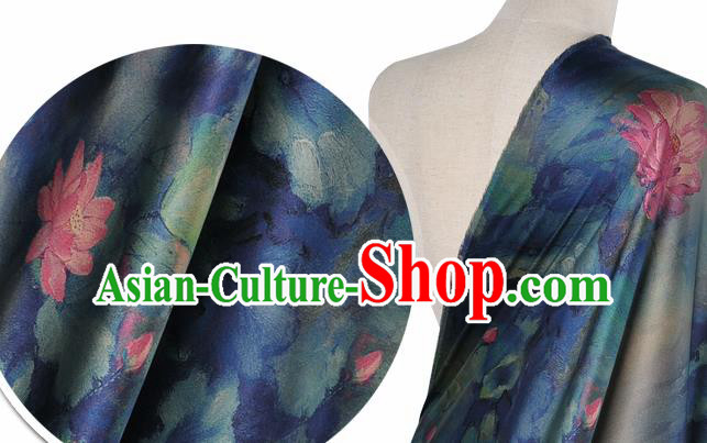 Chinese Classical Lotus Pattern Design Navy Silk Fabric Asian Traditional Hanfu Mulberry Silk Material