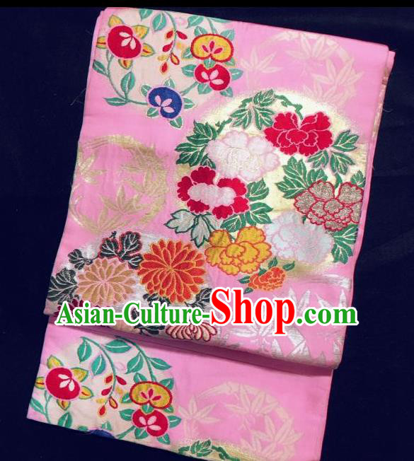 Japanese Traditional Kimono Embroidered Peony Pink Brocade Waistband Japan Yukata Belt for Women