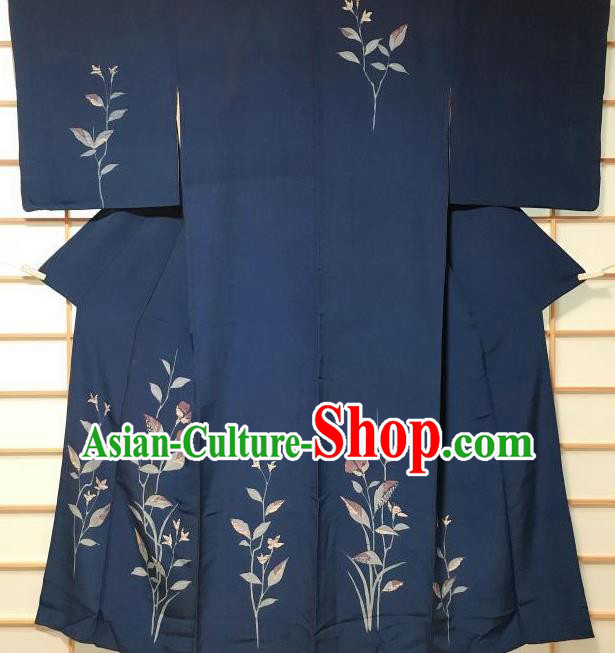 Japanese Traditional Printing Navy Furisode Kimono Japan Yukata Dress Costume for Women