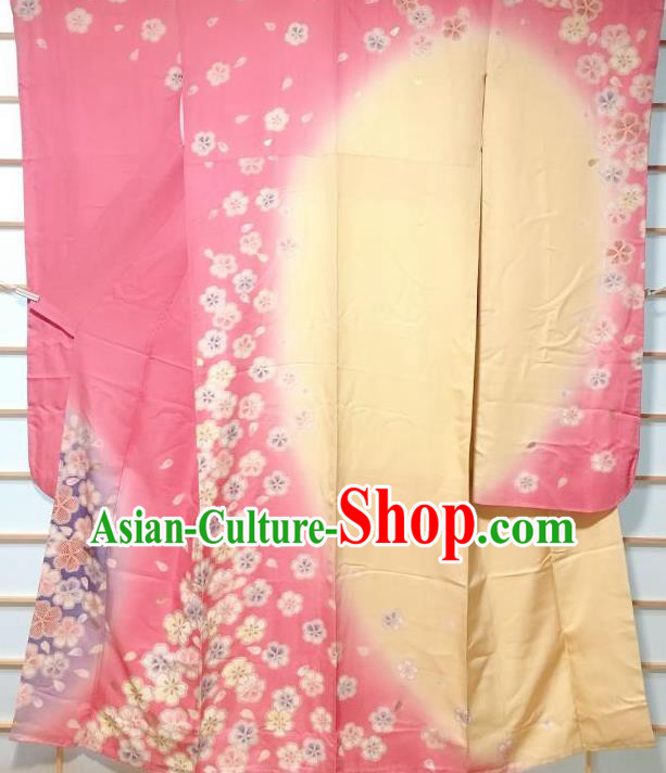 Japanese Traditional Printing Cherry Pink Furisode Kimono Japan Iromuji Yukata Dress Costume for Women