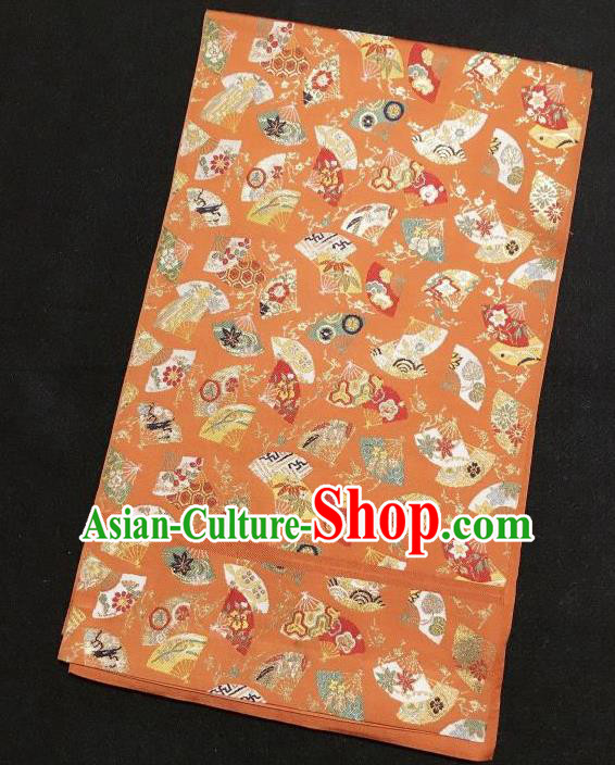 Japanese Traditional Embroidered Fan Orange Brocade Waistband Japan Kimono Yukata Belt for Women