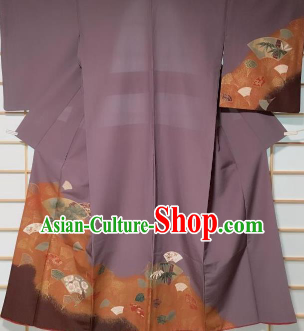 Traditional Japanese Classical Fans Pattern Purple Kimono Japan Yukata Dress Costume for Women