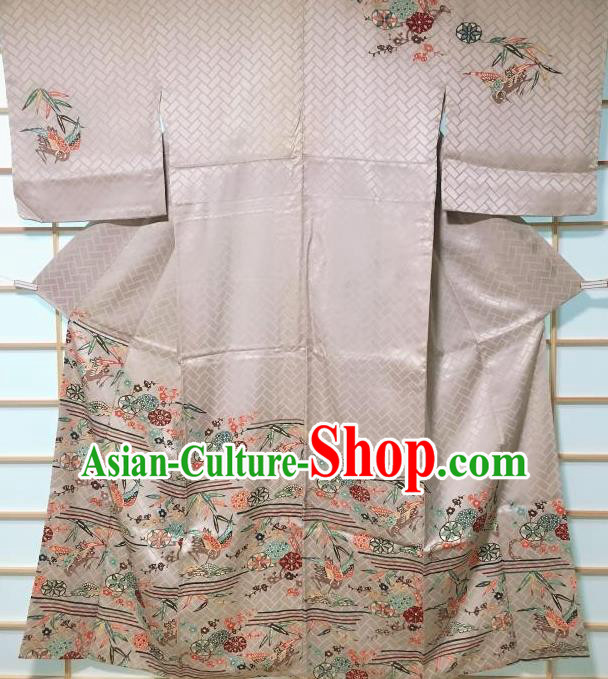 Traditional Japanese Classical Plum Birds Pattern Grey Kimono Japan Yukata Dress Costume for Women