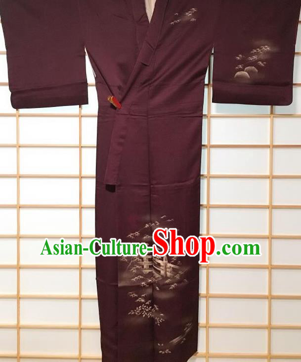 Traditional Japanese Classical Bamboo Leaf Pattern Deep Purple Kimono Asian Japan Yukata Costume for Men