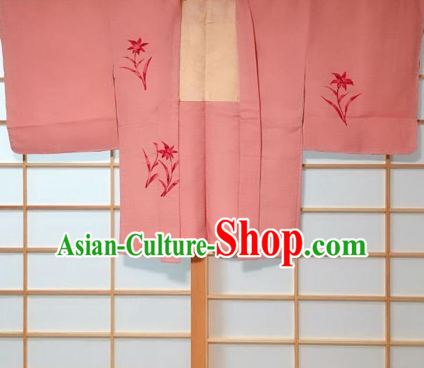 Japanese Traditional Printing Orchid Pattern Pink Haori Jacket Japan Kimono Overcoat Costume for Women