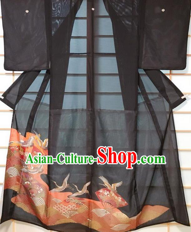 Japanese Classical Printing Crane Fan Black Kurotomesode Kimono Japan Traditional Yukata Dress Costume for Women