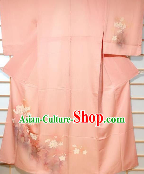 Japanese Classical Printing Mangnolia Pink Tsukesage Kimono Japan Traditional Yukata Dress Costume for Women