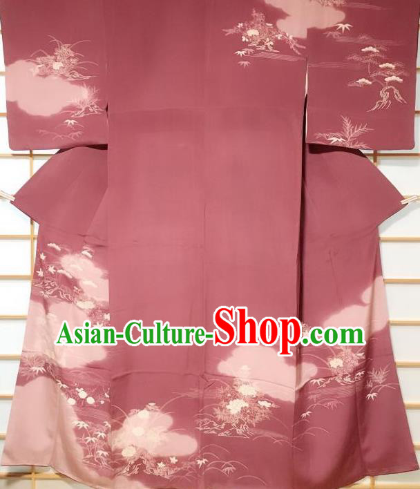 Japanese Classical Printing Bamboo Leaf Amaranth Tsukesage Kimono Japan Traditional Yukata Dress Costume for Women