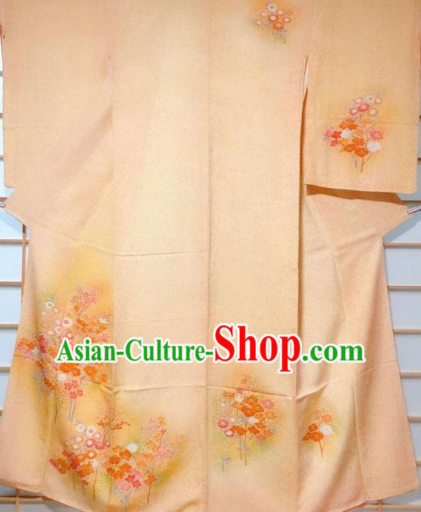 Japanese Classical Printing Daisy Yellow Tsukesage Kimono Japan Traditional Yukata Dress Costume for Women