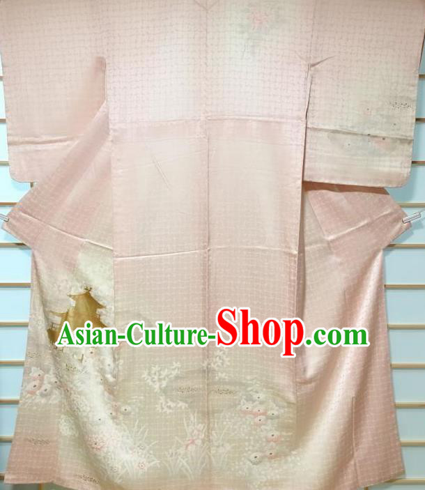 Japanese Classical Peony Pattern Pink Tsukesage Kimono Japan Traditional Yukata Dress Costume for Women