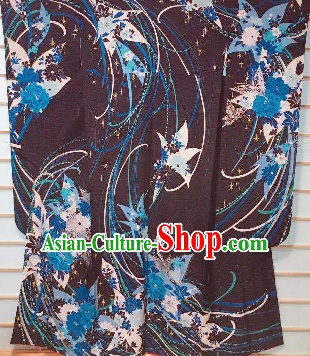 Japanese Classical Peony Butterfly Pattern Black Furisode Kimono Japan Traditional Yukata Dress Costume for Women