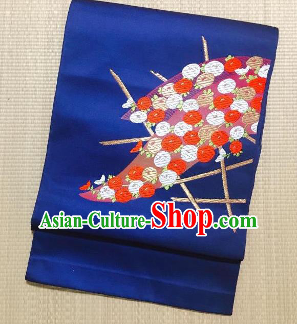 Japanese Nagoya Traditional Embroidered Chrysanthemum Royalblue Brocade Waistband Japan Kimono Yukata Belt for Women