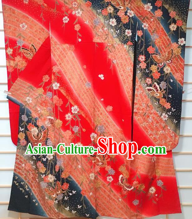 Traditional Japanese Red Furisode Kimono Japan Classical Sakura Butterfly Pattern Yukata Dress Costume for Women