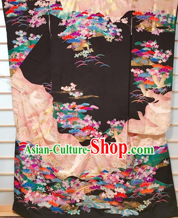Japanese Classical Crane Pattern Black Furisode Kimono Japan Traditional Yukata Dress Costume for Women