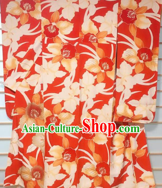 Japanese Classical Leaf Pattern Red Furisode Kimono Japan Traditional Yukata Dress Costume for Women