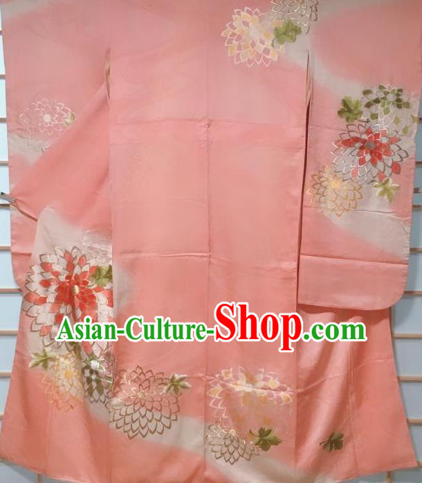 Japanese Classical Chrysanthemum Pattern Pink Furisode Kimono Japan Traditional Yukata Dress Costume for Women