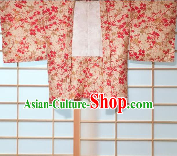 Japanese Traditional Maple Leaf Pattern Beige Haori Jacket Japan Kimono Overcoat Costume for Women