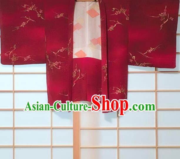 Japanese Traditional Plum Blossom Pattern Wine Red Haori Jacket Japan Kimono Overcoat Costume for Women