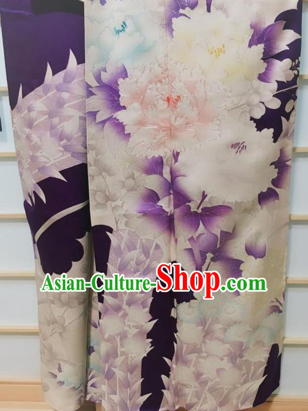 Traditional Japanese Deep Purple Furisode Kimono Japan Classical Peony Pattern Yukata Dress Costume for Women