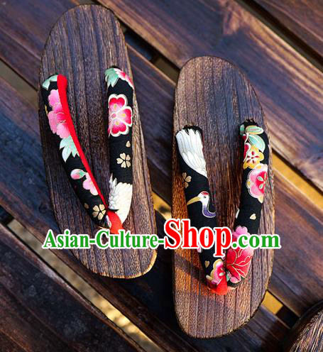 Traditional Japanese Crane Sakura Pattern Black Geta Slippers Asian Japan Clogs Shoes for Women