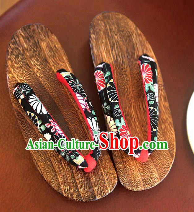 Traditional Japanese Chrysanthemum Pattern Black Geta Slippers Asian Japan Clogs Shoes for Women