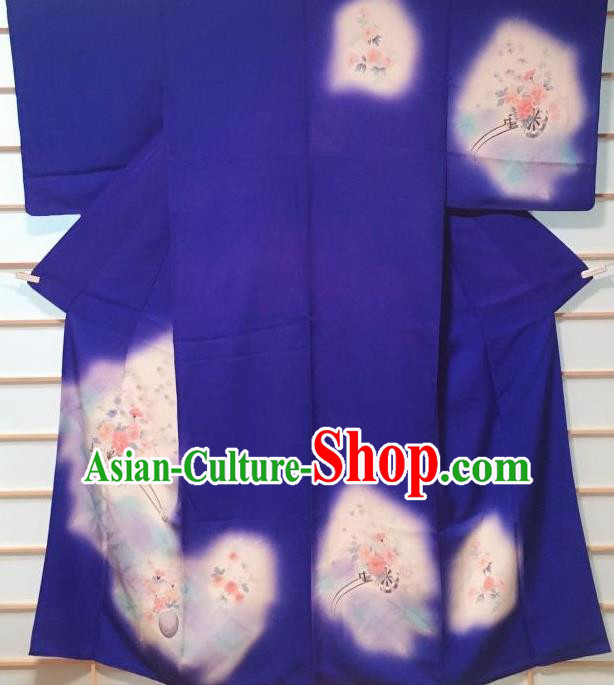 Traditional Japanese Royalblue Tsukesage Kimono Japan Classical Peony Pattern Yukata Dress Costume for Women