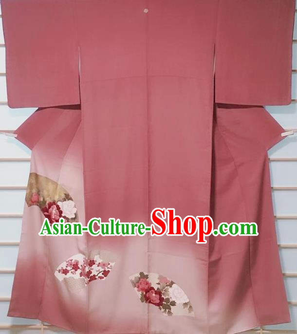 Traditional Japanese Red Uchikake Kimono Japan Classical Peony Pattern Yukata Dress Costume for Women