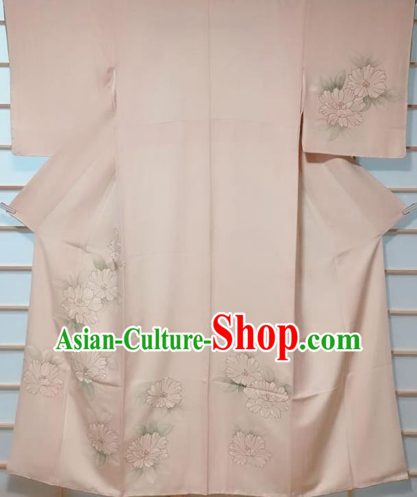 Traditional Japanese Printing Beige Tsukesage Kimono Japan Classical Camellia Pattern Yukata Dress Costume for Women